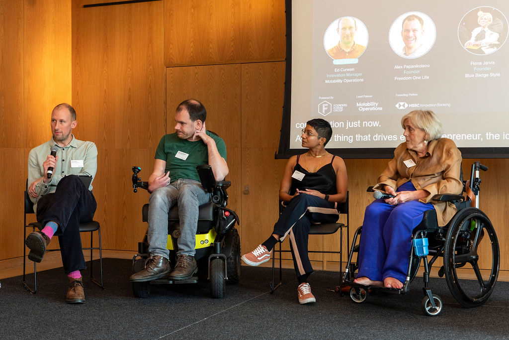 Ed Curwen (Motability Operations), Alex Papanikolaou (Freedom One Life), Zareen Ali (Cogs AI), and Fiona Jarvis (Blue Badge Style) at the Creo launch in 2024.